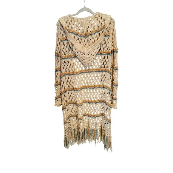Boho Hippie Cotton Crochet Open Knit Fringe Long Hooded Duster Women's Size M/L - Picture 6 of 8